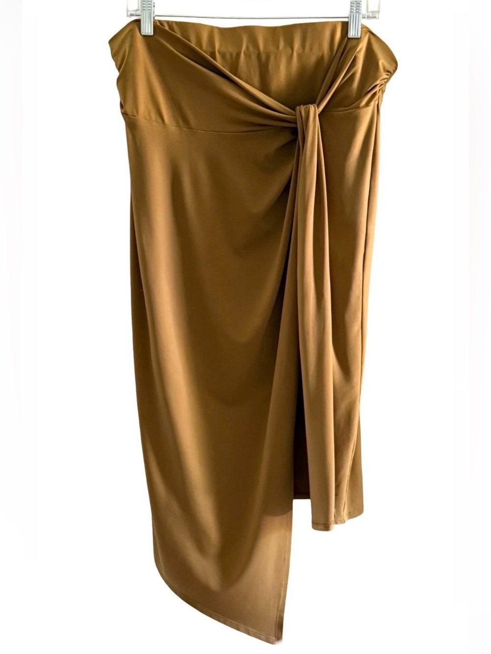 Nine West Brown Midi Faux Tie Wrap Skirt Asymmetrical Lined Lightweight Stretch